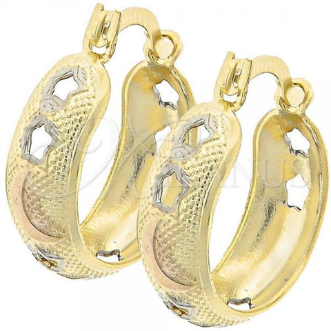 Oro Laminado Small Hoop, Gold Filled Style Star and Moon Design, Diamond Cutting Finish, Tricolor, 110.032