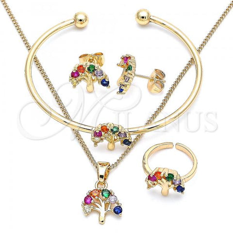 Oro Laminado Earring and Pendant Children Set, Gold Filled Style Tree Design, with Multicolor Cubic Zirconia, Polished, Golden Finish, 06.210.0023.1
