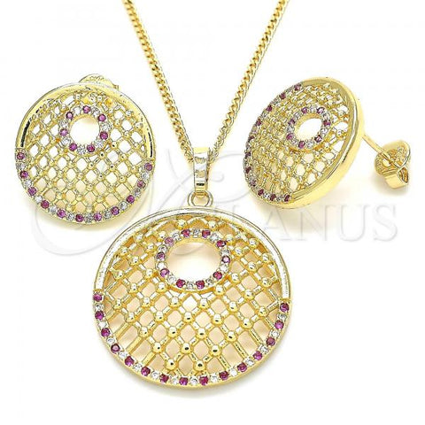 Oro Laminado Earring and Pendant Adult Set, Gold Filled Style with Ruby and White Cubic Zirconia, Polished, Golden Finish, 10.233.0037.2