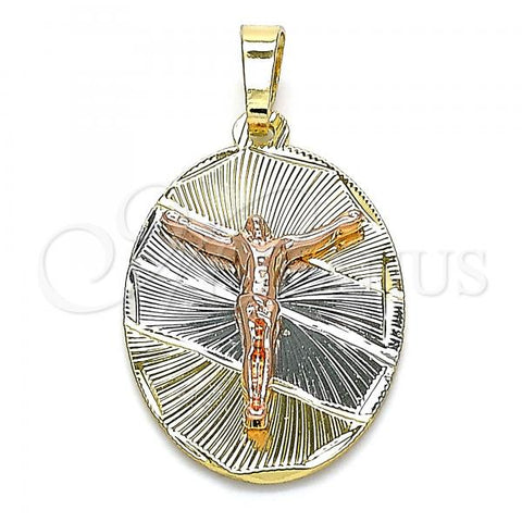Oro Laminado Religious Pendant, Gold Filled Style Jesus Design, Diamond Cutting Finish, Tricolor, 05.380.0121