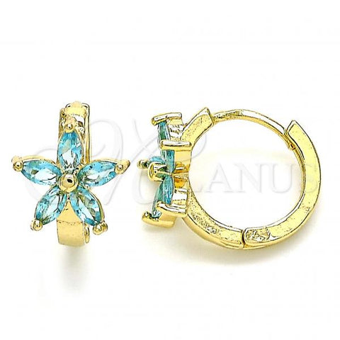 Oro Laminado Huggie Hoop, Gold Filled Style Flower Design, with Aqua Blue Cubic Zirconia, Polished, Golden Finish, 02.210.0496.1.15