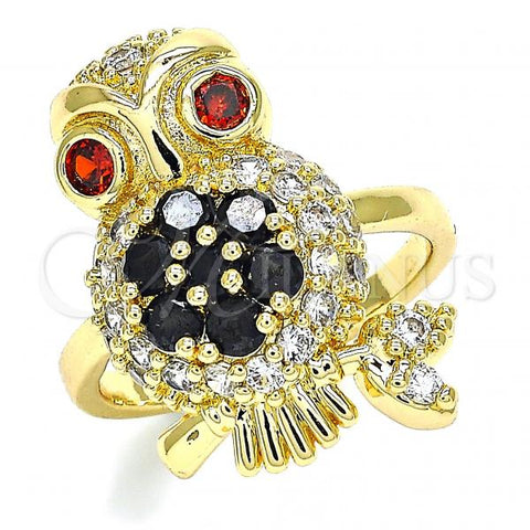 Oro Laminado Multi Stone Ring, Gold Filled Style Owl Design, with Black and Garnet Cubic Zirconia, Polished, Golden Finish, 01.210.0091.08 (Size 8)