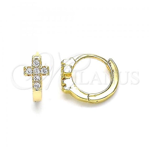 Oro Laminado Huggie Hoop, Gold Filled Style Cross Design, with White Micro Pave, Polished, Golden Finish, 02.195.0147.12