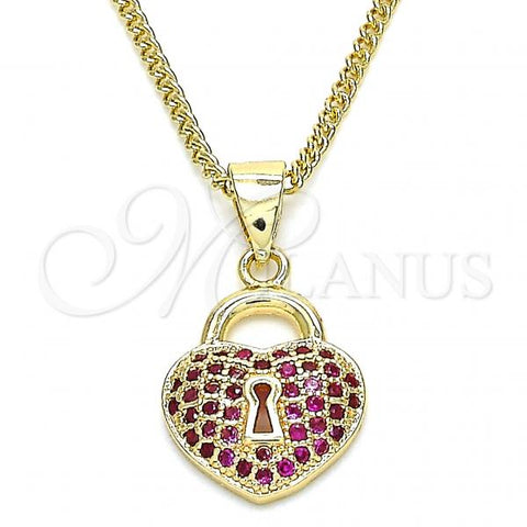 Oro Laminado Pendant Necklace, Gold Filled Style Lock and Heart Design, with Ruby Micro Pave, Polished, Golden Finish, 04.156.0303.1.20