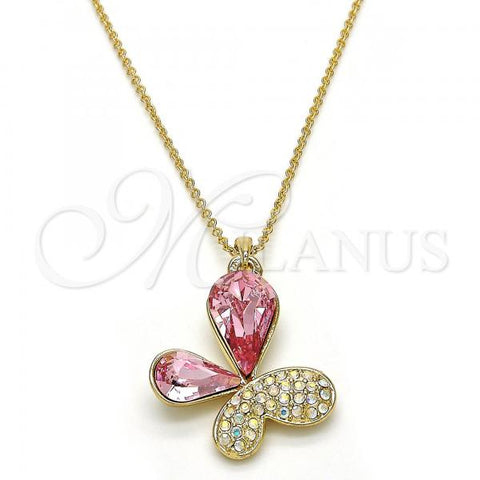 Oro Laminado Pendant Necklace, Gold Filled Style Butterfly Design, with Light Rose and Aurore Boreale Swarovski Crystals, Polished, Golden Finish, 04.239.0043.7.18