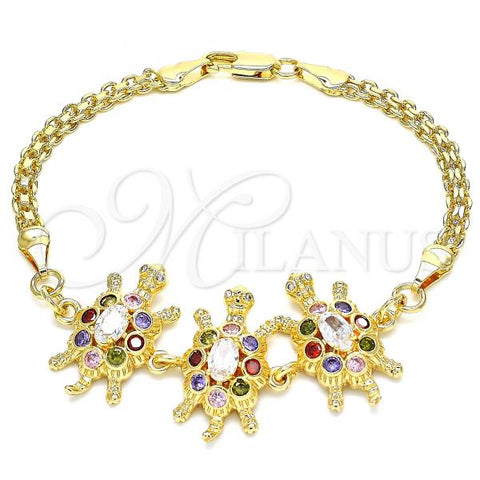 Oro Laminado Fancy Bracelet, Gold Filled Style Turtle Design, with Multicolor Cubic Zirconia, Polished, Golden Finish, 03.63.2134.3.07