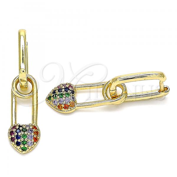 Oro Laminado Huggie Hoop, Gold Filled Style Paperclip and Heart Design, with Multicolor Cubic Zirconia, Polished, Golden Finish, 02.210.0488.3.12
