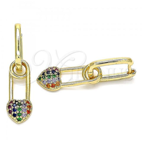 Oro Laminado Huggie Hoop, Gold Filled Style Paperclip and Heart Design, with Multicolor Cubic Zirconia, Polished, Golden Finish, 02.210.0488.3.12