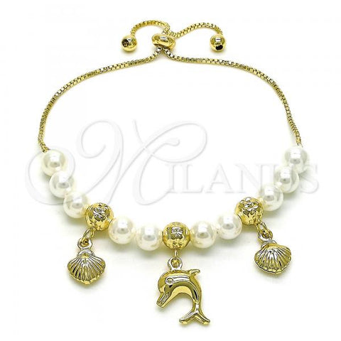 Oro Laminado Adjustable Bolo Bracelet, Gold Filled Style Dolphin and Shell Design, with Ivory Pearl, Polished, Golden Finish, 03.213.0205.09