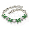Rhodium Plated Fancy Bracelet, Flower Design, with Green and White Cubic Zirconia, Polished, Rhodium Finish, 03.210.0090.8.08