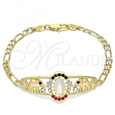 Oro Laminado Fancy Bracelet, Gold Filled Style Guadalupe and Elephant Design, with Multicolor Crystal, Polished, Tricolor, 03.380.0044.08