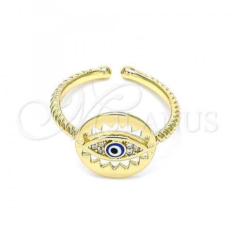 Oro Laminado Multi Stone Ring, Gold Filled Style Evil Eye Design, with White Micro Pave, Blue Enamel Finish, Golden Finish, 01.213.0007