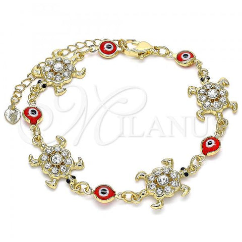 Oro Laminado Fancy Bracelet, Gold Filled Style Turtle and Evil Eye Design, with White and Black Crystal, Red Resin Finish, Golden Finish, 03.380.0039.1.07