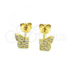 Oro Laminado Stud Earring, Gold Filled Style Butterfly Design, with White Micro Pave, Polished, Golden Finish, 02.102.0067