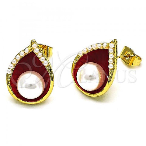 Oro Laminado Stud Earring, Gold Filled Style Teardrop Design, with Ivory Pearl, Red Enamel Finish, Golden Finish, 02.379.0027