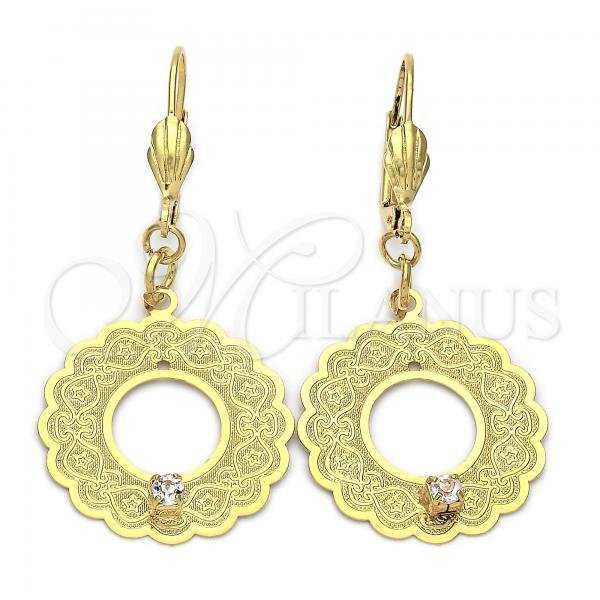Oro Laminado Dangle Earring, Gold Filled Style Flower Design, with White Cubic Zirconia, Diamond Cutting Finish, Golden Finish, 77.013