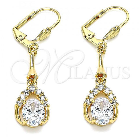 Oro Laminado Long Earring, Gold Filled Style Teardrop Design, with White Cubic Zirconia, Polished, Golden Finish, 02.387.0058.1