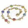 Oro Laminado Fancy Anklet, Gold Filled Style Evil Eye and Dolphin Design, Multicolor Resin Finish, Golden Finish, 03.326.0009.10