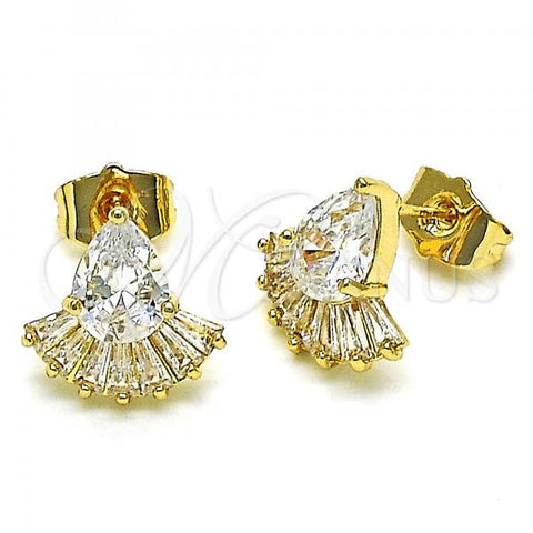Oro Laminado Stud Earring, Gold Filled Style Teardrop and Baguette Design, with White Cubic Zirconia, Polished, Golden Finish, 02.283.0062