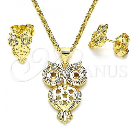 Oro Laminado Earring and Pendant Adult Set, Gold Filled Style Owl Design, with White Micro Pave, Polished, Golden Finish, 10.156.0376