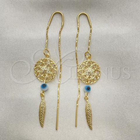 Oro Laminado Threader Earring, Gold Filled Style Evil Eye and Leaf Design, Polished, Golden Finish, 02.02.0521