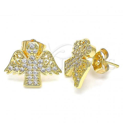 Oro Laminado Stud Earring, Gold Filled Style Angel Design, with White Micro Pave, Polished, Golden Finish, 02.210.0418
