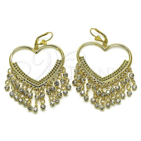 Oro Laminado Long Earring, Gold Filled Style Heart Design, with White Crystal, Polished, Golden Finish, 02.414.0006