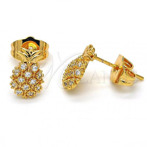Oro Laminado Stud Earring, Gold Filled Style Pineapple Design, with White Cubic Zirconia, Polished, Golden Finish, 02.310.0001