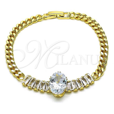 Oro Laminado Fancy Bracelet, Gold Filled Style Baguette and Miami Cuban Design, with White Cubic Zirconia, Polished, Golden Finish, 03.283.0345.07