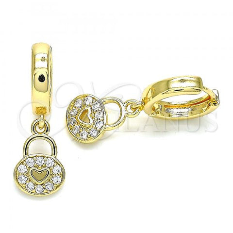 Oro Laminado Huggie Hoop, Gold Filled Style Lock and Heart Design, with White Micro Pave, Polished, Golden Finish, 02.210.0532.15