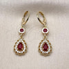 Oro Laminado Long Earring, Gold Filled Style Teardrop and Cluster Design, with Garnet and White Cubic Zirconia, Polished, Golden Finish, 02.323.0103