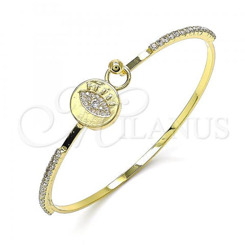 Oro Laminado Individual Bangle, Gold Filled Style Evil Eye Design, with White Micro Pave and White Crystal, Polished, Golden Finish, 07.193.0038.04