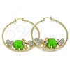 Oro Laminado Large Hoop, Gold Filled Style Elephant and Heart Design, with White and Black Crystal, Green Resin Finish, Golden Finish, 02.380.0051.7.50