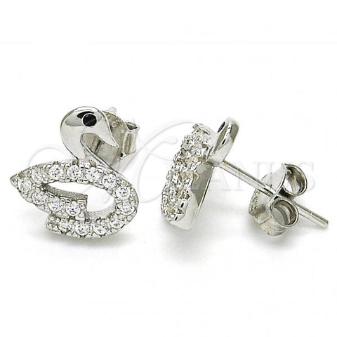 Sterling Silver Stud Earring, Swan Design, with Black Cubic Zirconia and White Crystal, Polished, Rhodium Finish, 02.336.0098