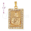 Oro Laminado Religious Pendant, Gold Filled Style Sagrado Corazon de Maria Design, with White Cubic Zirconia, Polished, Golden Finish, 5.198.023