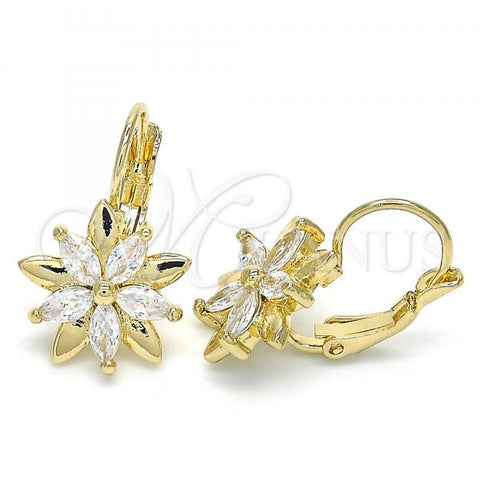 Oro Laminado Leverback Earring, Gold Filled Style Flower Design, with White Cubic Zirconia, Polished, Golden Finish, 02.210.0228