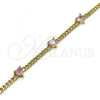 Oro Laminado Fancy Bracelet, Gold Filled Style Heart and Miami Cuban Design, with Pink Cubic Zirconia, Polished, Golden Finish, 03.213.0184.4.07