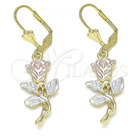 Oro Laminado Dangle Earring, Gold Filled Style Flower and Leaf Design, Polished, Tricolor, 02.351.0070.1