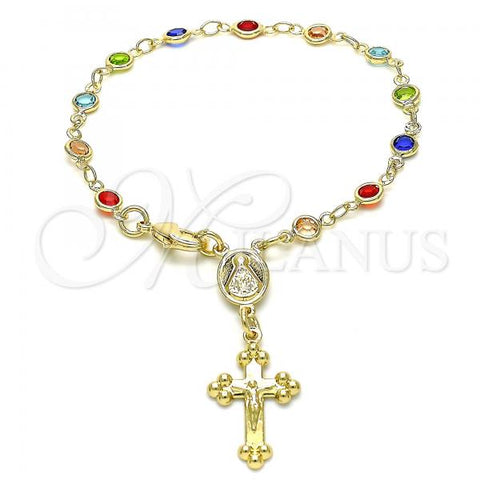 Oro Laminado Bracelet Rosary, Gold Filled Style Caridad del Cobre and Crucifix Design, with Multicolor Crystal, Polished, Golden Finish, 09.326.0003.07