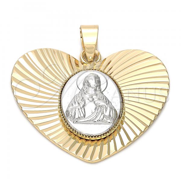 Oro Laminado Religious Pendant, Gold Filled Style Sagrado Corazon de Jesus Design, Diamond Cutting Finish, Two Tone, 5.195.015