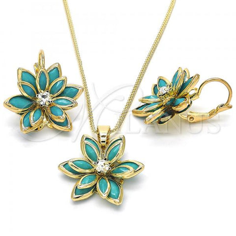 Oro Laminado Earring and Pendant Adult Set, Gold Filled Style Flower Design, with Turquoise and White Crystal, Polished, Golden Finish, 10.64.0157