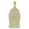 Oro Laminado Religious Pendant, Gold Filled Style Guadalupe Design, with White Crystal, Polished, Golden Finish, 05.351.0125