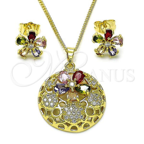 Oro Laminado Earring and Pendant Adult Set, Gold Filled Style Flower Design, with Multicolor Cubic Zirconia and White Micro Pave, Polished, Golden Finish, 10.284.0036