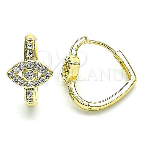 Oro Laminado Huggie Hoop, Gold Filled Style Evil Eye Design, with White Cubic Zirconia and White Micro Pave, Polished, Golden Finish, 02.210.0583.20