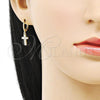 Oro Laminado Dangle Earring, Gold Filled Style Cross Design, with White Cubic Zirconia, Polished, Golden Finish, 02.213.0542