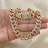 Oro Laminado Basic Necklace, Gold Filled Style Miami Cuban Design, with White Crystal, Polished, Golden Finish, 03.372.0001.18