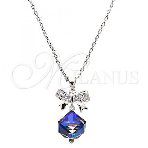 Rhodium Plated Pendant Necklace, Bow Design, with Bermuda Blue Swarovski Crystals and White Micro Pave, Polished, Rhodium Finish, 04.239.0024.2.16