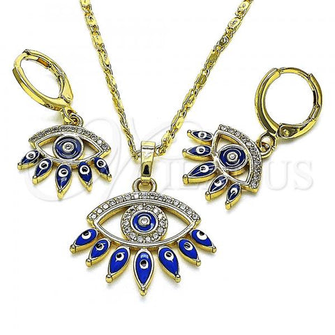 Oro Laminado Earring and Pendant Adult Set, Gold Filled Style Evil Eye Design, with White Micro Pave, Blue Enamel Finish, Golden Finish, 10.196.0020