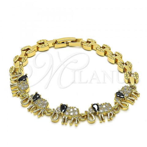 Oro Laminado Fancy Bracelet, Gold Filled Style Elephant Design, with Black and White Cubic Zirconia, Polished, Golden Finish, 03.210.0067.4.08