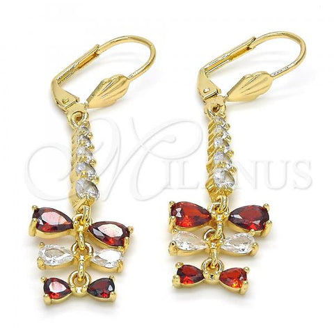 Oro Laminado Long Earring, Gold Filled Style Teardrop Design, with Garnet and White Cubic Zirconia, Polished, Golden Finish, 02.210.0208